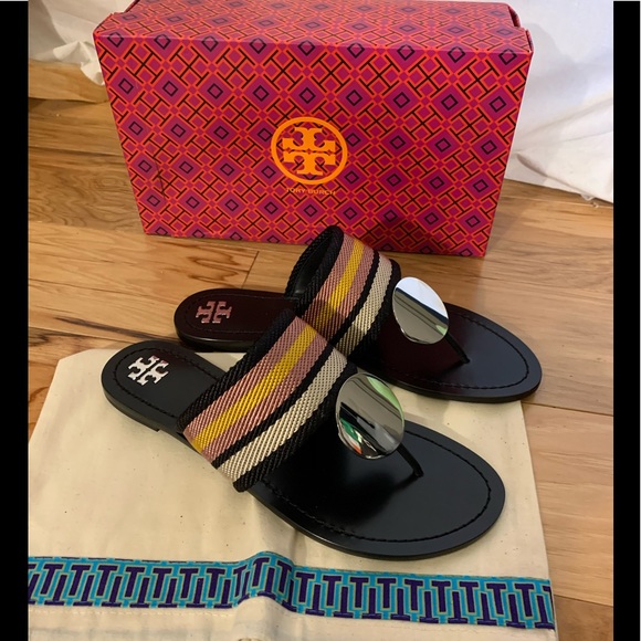 Tory Burch Shoes - Tory Burch Patos disc sandal in black stripe.